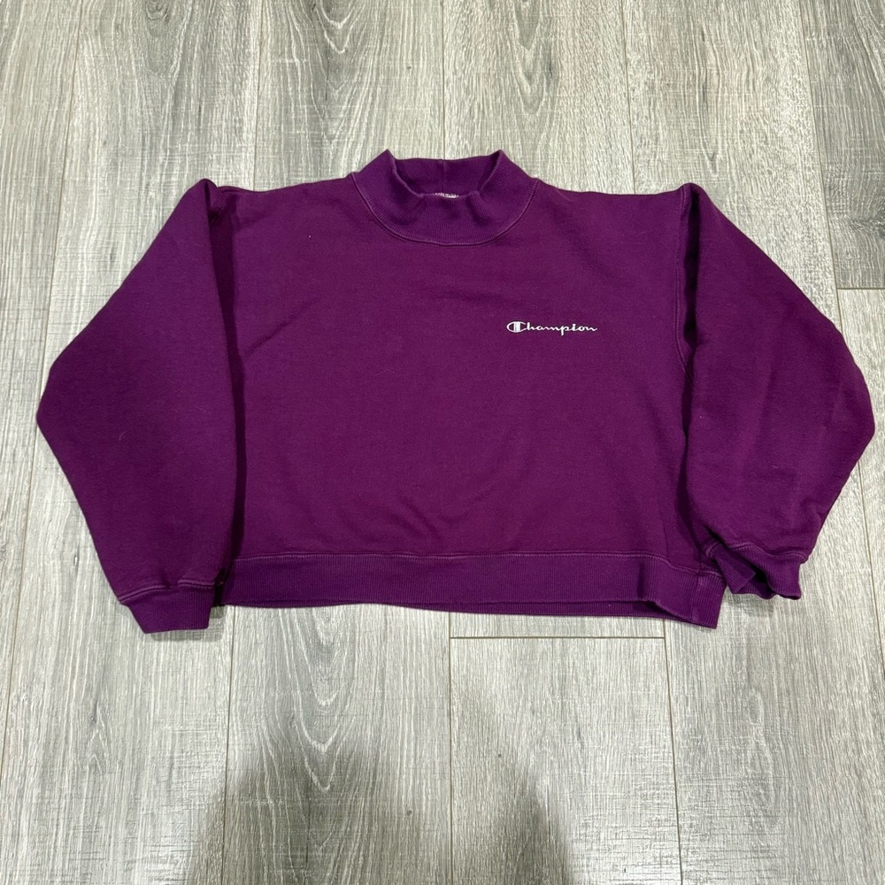 Vintage 1990s Champion Women's Purple Sweatshirt turtleneck cropped size small